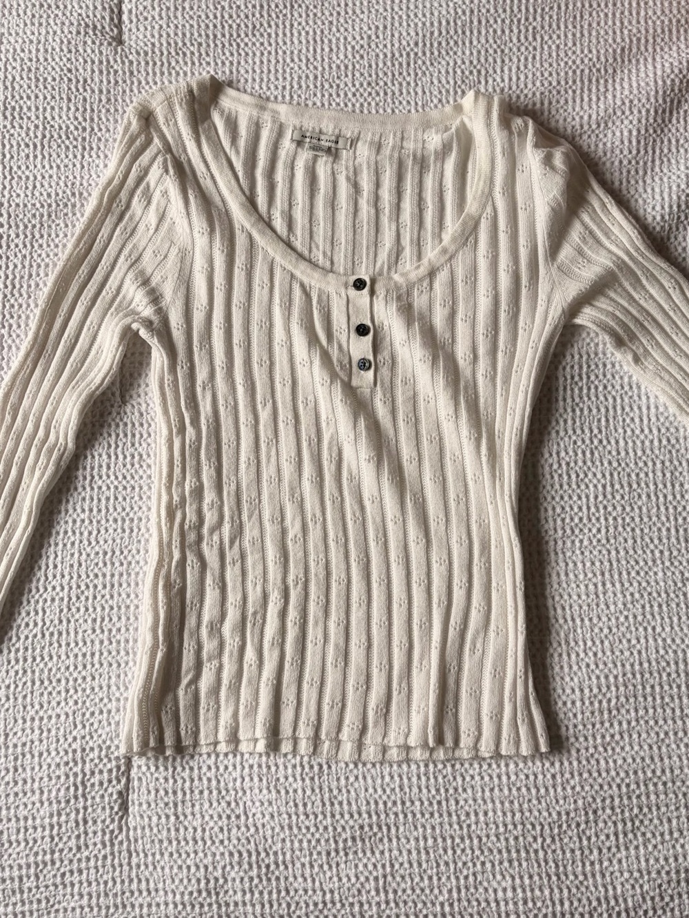 American Eagle Outfitters Cream Ribbed Long Sleeve Henley Top